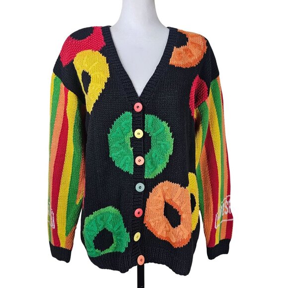 VTG Eagles Eye Lifesavers Rainbow Cardigan M Hand Knit Halloween Artsy Rainbow - Picture 1 of 11